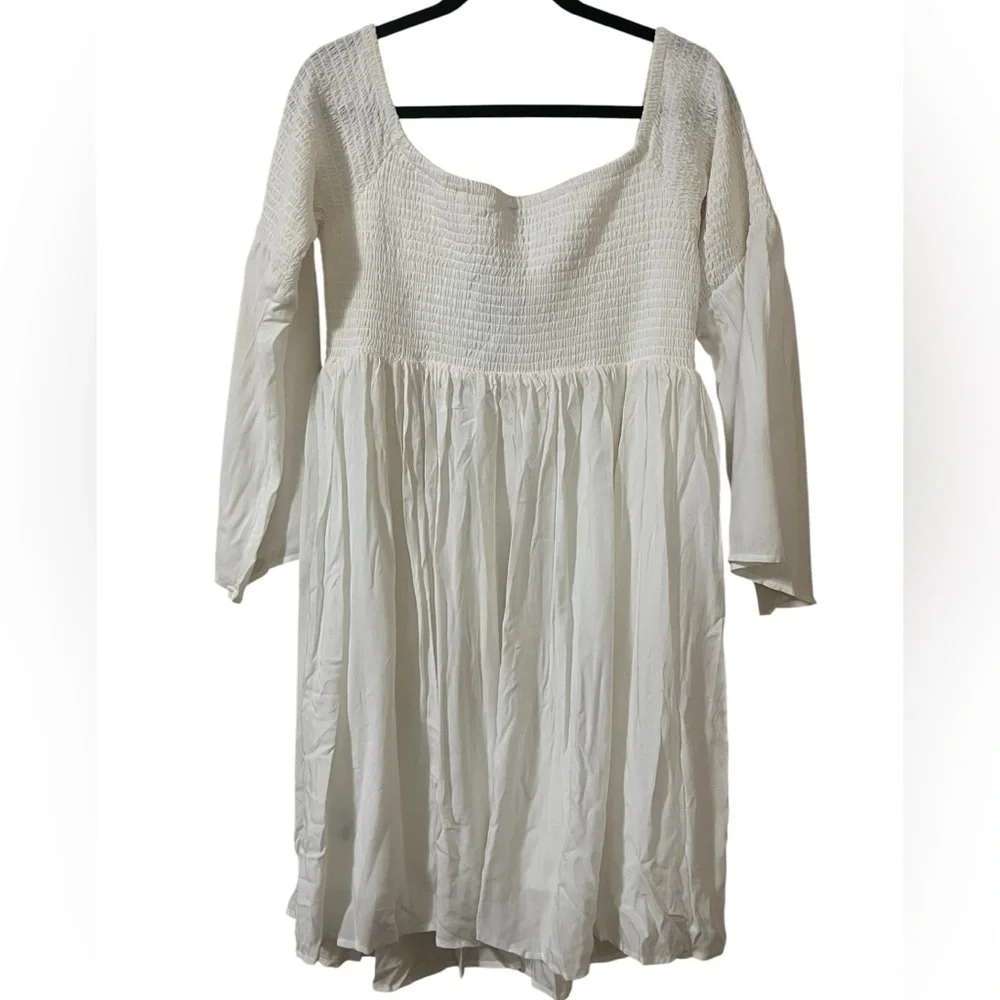 Torrid NWT ivory off the shoulder smocked long bell sleeve skater mini dress - Picture 2 of 12